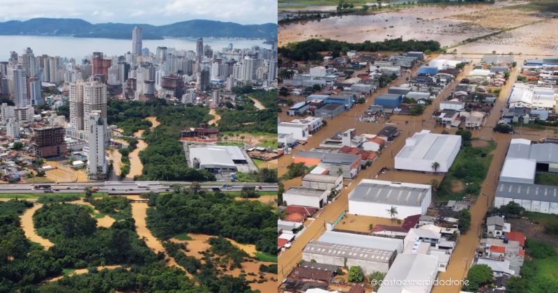 Diversos bairros de Itapema ficaram embaixo d’&aacute;gua – Foto: Costa Esmeralda Drone/Itapema Mil Grau/Reprodu&ccedil;&atilde;o/ND