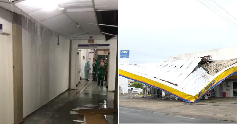 Temporal com ventos de 100 km/h derruba telhado de posto e forma ‘cachoeira’ em hospital de SC – Foto: Montagem/ND
