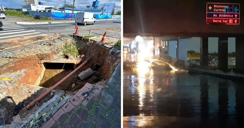 Falta de manuten&ccedil;&atilde;o na rede pluvial em Balne&aacute;rio Cambori&uacute; teria acarretado alagamentos ap&oacute;s &uacute;ltimas chuvas no Litoral Norte de SC – Foto: Katti&uacute;cia Villan/Reprodu&ccedil;&atilde;o/ND