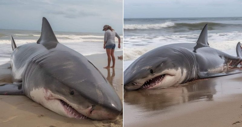 Fotos de tubar&atilde;o-branco encalhado que viralizaram s&atilde;o atribu&iacute;das &agrave; cidade que faz divisa com SC – Foto: Internet/Reprodu&ccedil;&atilde;o