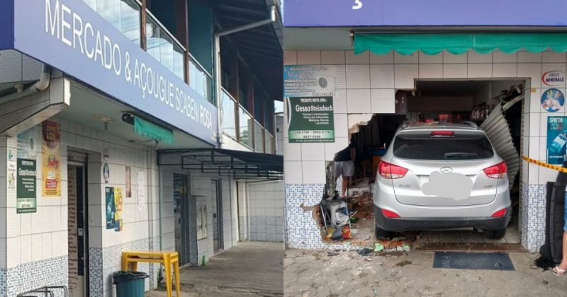 Carro invadiu mercado e destruiu a parede – Foto: Reprodu&ccedil;&atilde;o/Google Maps + CBMSC/ND