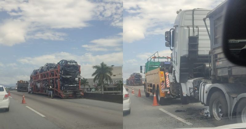 Quatro caminh&otilde;es colidiram na BR-101, em Palho&ccedil;a, nesta quarta-feira – Foto: Bruno Bonatelli/Arquivo pessoal/ND