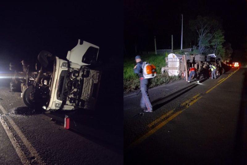 O caminh&atilde;o tombou na pista e casal ficou ferido na SC-305, em Anchieta. &mdash; Foto: Corpo de Bombeiros/Reprodu&ccedil;&atilde;o/ND