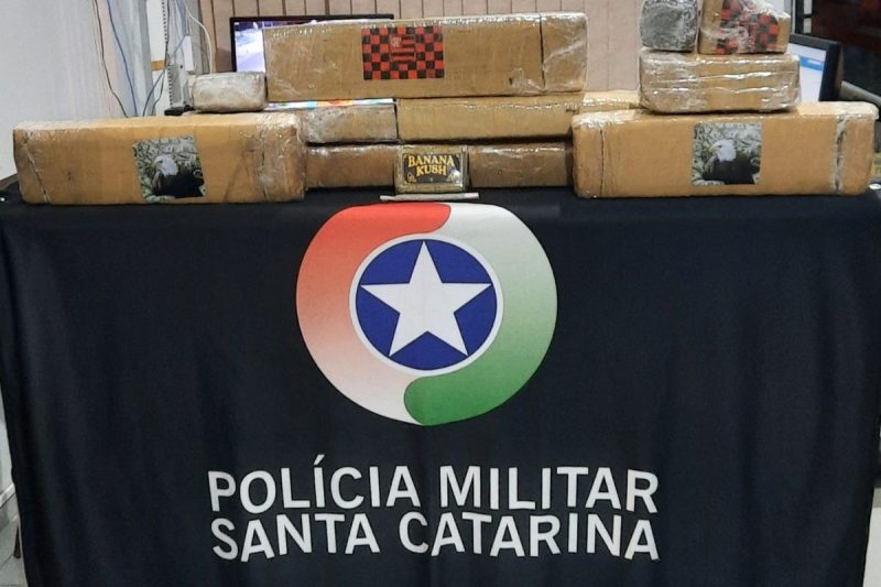 Droga estava em mala de viagem e foi encontrada por c&atilde;es farejadores – Foto: PMSC/Divulga&ccedil;&atilde;o/ND