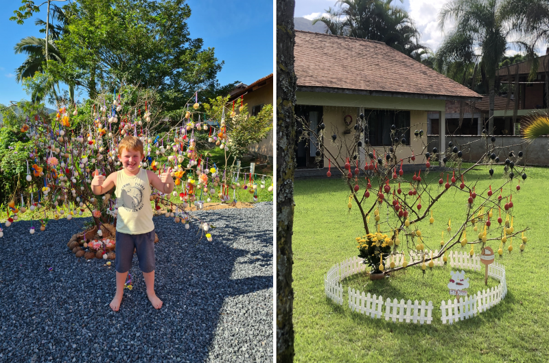 &Agrave; esquerda, a Osterbaum de Alvin Fischer, escolhida pelo corpo de jurados da Rota do Enxaimel; &agrave; direita, a Osterbaum dos alunos do 7&ordm; ano da Escola Amadeu da Luz, escolhida com mais de 2 mil votos pelos internautas do ND+ | Foto: Ivan Blumenschein e Fernanda Ribas/Associa&ccedil;&atilde;o Rota do Enxaimel/Divulga&ccedil;&atilde;o/ND