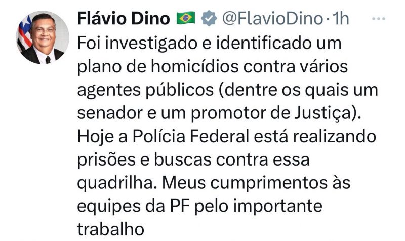 Ministro da Justi&ccedil;a, Fl&aacute;vio Dino admitiu em suas redes sociais que um senador estava entre os alvos – Foto: Reprodu&ccedil;&atilde;o/Redes Sociais