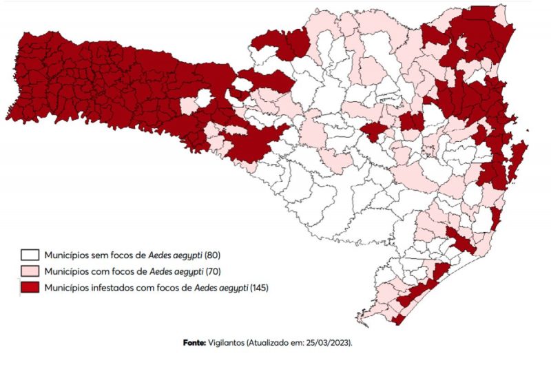 Mapa mostra a distribui&ccedil;&atilde;o dos focos do Aedes aegypti no Estado – Foto: DIVE-SC/Divulga&ccedil;&atilde;o/ND