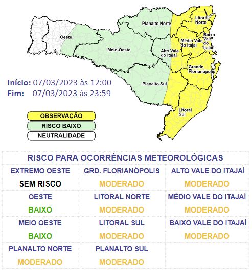 As chuvas, podem vir na forma de temporais isolados das regi&otilde;es do Meio Oeste catarinense ao Litoral. – Foto: Defesa Civil/Divulga&ccedil;&atilde;o/ND
