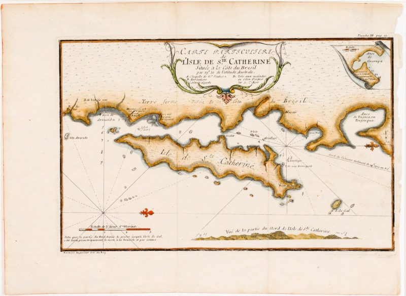 “Carte particuliere de l’Isle de S.te Catherine”, publicado em 1717 por Am&eacute;d&eacute;e Fran&ccedil;ois Frezier, &eacute; um dos mapas hist&oacute;ricos que est&aacute; no cat&aacute;logo – Foto: Divulga&ccedil;&atilde;o/ND