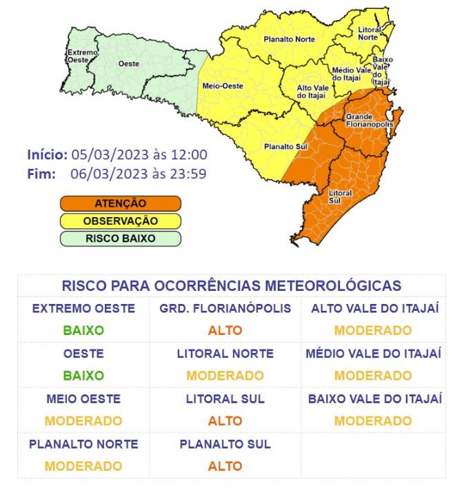 Regiões do Estado onde haverá chuva intensa por conta do ciclone extratropical no Sul do Brasil. &#8211; Foto: Defesa Civil/Divulgação/ND