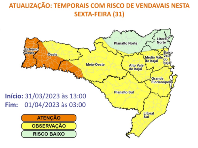 Munic&iacute;pios do Oeste apresentam alerta de “aten&ccedil;&atilde;o” para ocorr&ecirc;ncias meteorol&oacute;gicas em decorr&ecirc;ncia de temporais – Foto: DCSC/Reprodu&ccedil;&atilde;o/ND