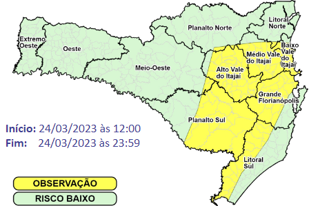 Regiões em amarelo no mapa estão em observação para os fenômenos &#8211; Foto: Defesa Civil de SC/Divulgação/ND
