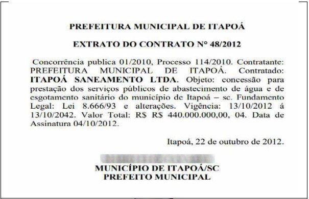 C&oacute;pia de um dos contratos da Serrana com a prefeitura de Itapo&aacute; mostra concess&atilde;o de R$ 440 milh&otilde;es – Foto: Reprodu&ccedil;&atilde;o/ ND
