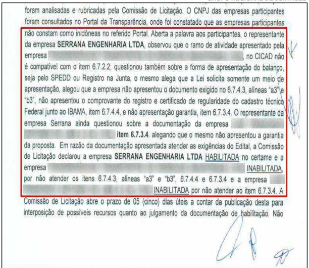 Imagem mostra que Serrana argumentou para desqualificar a concorr&ecirc;ncia em uma das licita&ccedil;&otilde;es que participava – Foto: Reprodu&ccedil;&atilde;o/ND