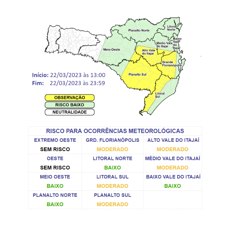 SC tem risco de chuva intensa em curto período de tempo nesta quarta-feira (22) – Foto: Defesa Civil/Divulgação/ND