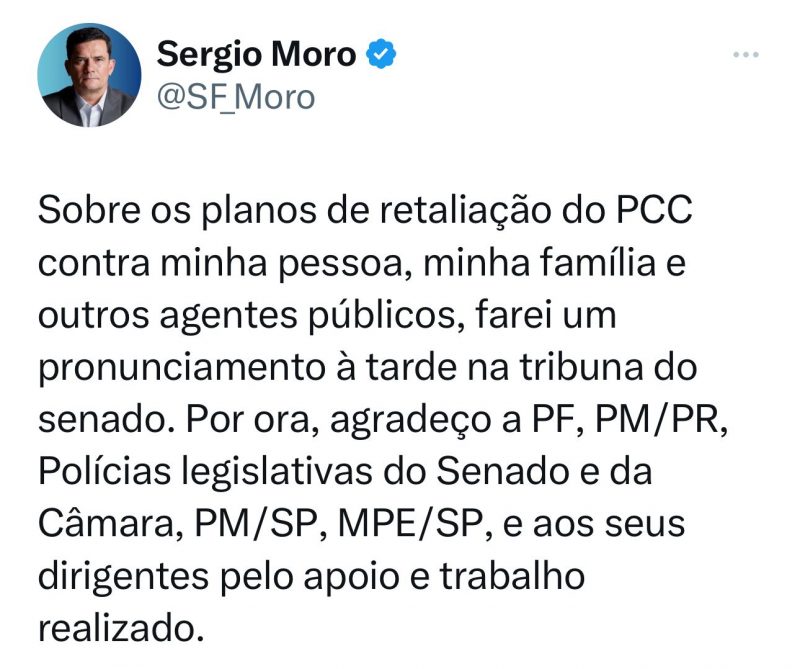 Senador S&eacute;rgio Moro informou que far&aacute; pronunciamento a tarde – Foto: Reprodu&ccedil;&atilde;o/Redes Sociais