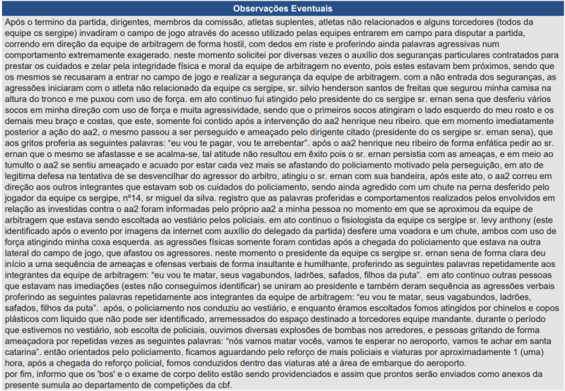 Súmula da partida entre Sergipe x Botafogo
