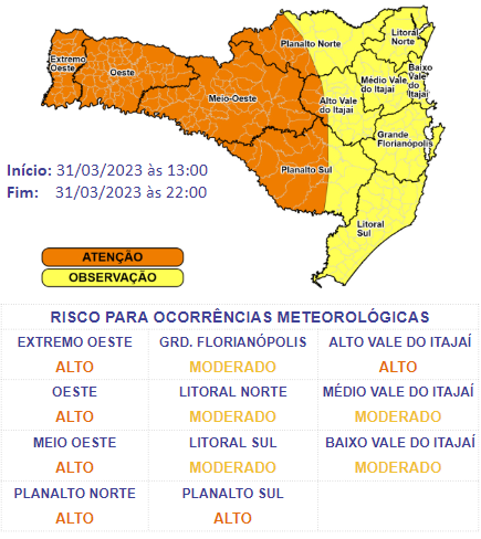Mapa mostra os riscos em SC em cada região &#8211; Foto: Defesa Civil/Divulgação/ND