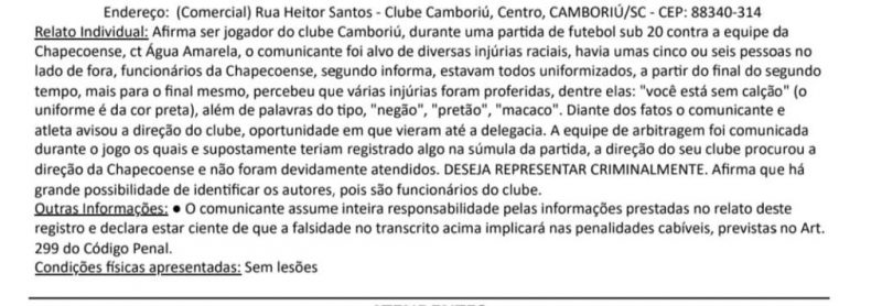 Boletim de Ocorr&ecirc;ncia registrado por jogador do Cambori&uacute; ap&oacute;s jogo do estadual sub-20 – Foto: Reprodu&ccedil;&atilde;o/ND