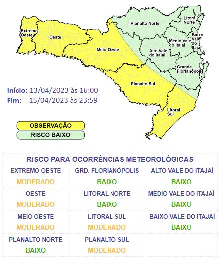 Com o alerta, ao menos cinco regiões de Santa Catarina estão com o risco moderado para ocorrências relacionadas as chuvas e aos temporais. &#8211; Foto: Defesa Civil/Divulgação/ND