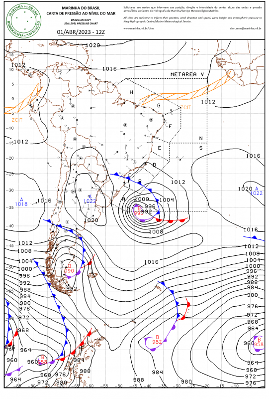 Carta sin&oacute;tica mostra forma&ccedil;&atilde;o do ciclone bomba no oceano – Foto: Marinha do Brasil/Reprodu&ccedil;&atilde;o/ND