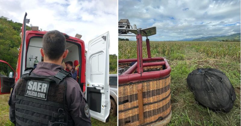 Bal&atilde;o faz pouso for&ccedil;ado e deixa 9 pessoas feridas na divisa entre SC e RS – Foto: Saer/CBMSC/Divulga&ccedil;&atilde;o/ND