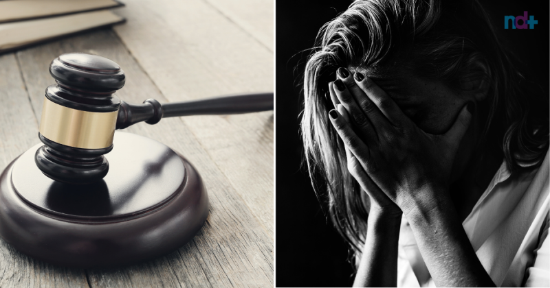 A woman cries and the image is divided by the judge's gavel.