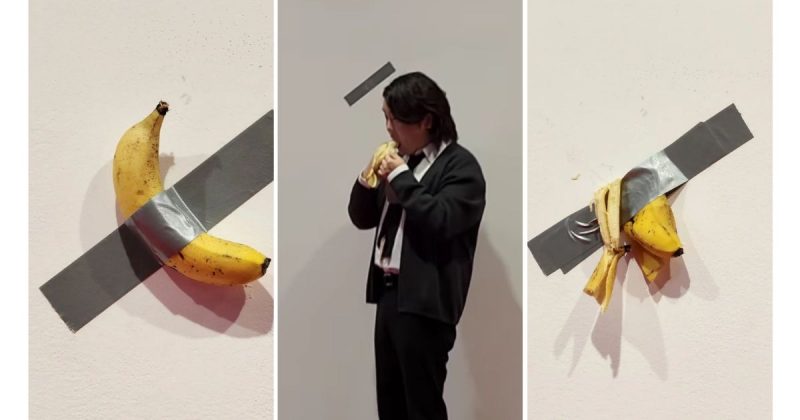 Estudante come banana de obra de arte avaliada em R$ 600 mil