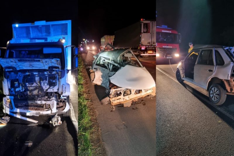 O motorista ficou ferido em um acidente entre um carro e caminh&atilde;o em Faxinal dos Guedes. – Foto: Corpo de Bombeiros/Reprodu&ccedil;&atilde;o/ND