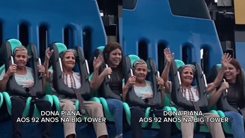Idosa de 92 anos encara a maior torre de queda livre da América Latina;  assista