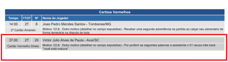 Relato da árbitra sobre a expulsão de Vitinho