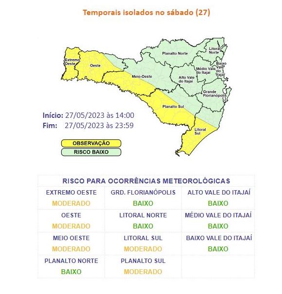 Mapa mostra as regi&otilde;es com risco de temporais – Foto: Reprodu&ccedil;&atilde;o/Defesa Civil/ND