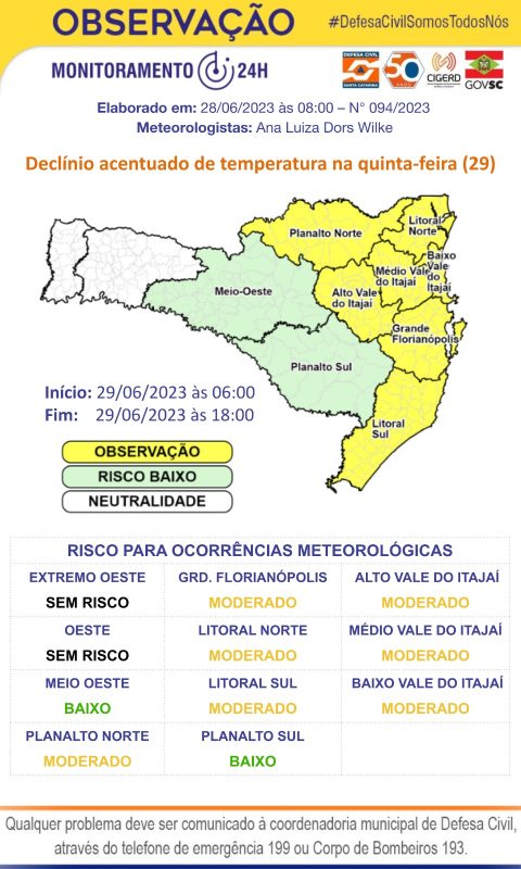 Queda acentuada nas temperaturas em v&aacute;rias regi&otilde;es de Santa Catarina. – Foto: Defesa Civil/Divulga&ccedil;&atilde;o/ND