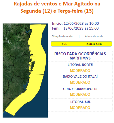 Na &aacute;rea costeira de Santa Catarina, o Litoral Norte, Baixo Vale do Itaja&iacute;, Grande Florian&oacute;polis e Litoral Sul seguem com o risco moderado para ocorr&ecirc;ncias. – Foto: Defesa Civil/Divulga&ccedil;&atilde;o/ND