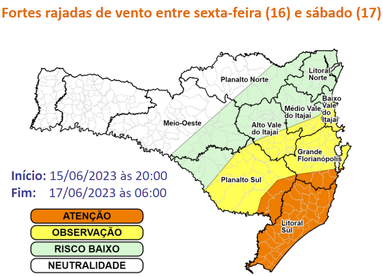 Rajadas de vento podem superar os 100 km/h nas &aacute;rea costeiras do Litoral Sul e na Serra catarinense. – Foto: Defesa Civil/Divulga&ccedil;&atilde;o/ND