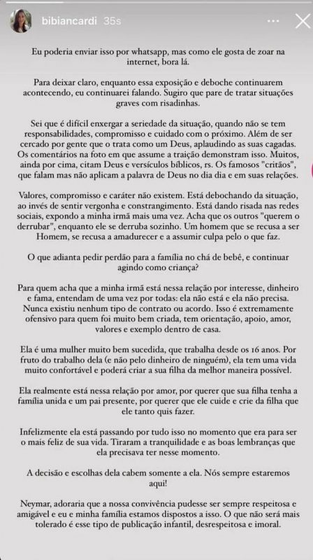 Texto publicado pela irm&atilde; da influenciadora – Foto: Reprodu&ccedil;&atilde;o/Internet/ND