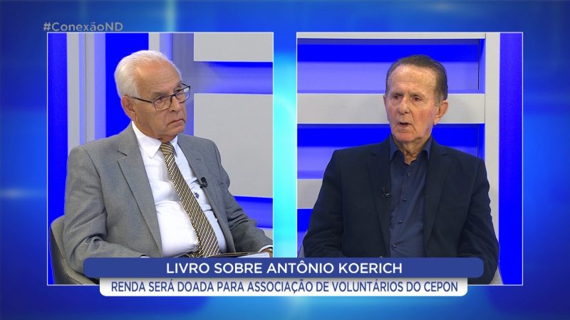 Moacir Pereira entrevista o empres&aacute;rio Ant&ocirc;nio Koerich. – Foto: Reprodu&ccedil;&atilde;o/ND