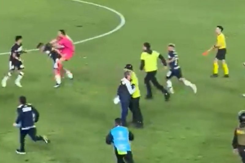 Goleiro Jose Carvallo deu uma voadora no jogador advers&aacute;rio ap&oacute;s jogo da Sul-Americana – Foto: Reprodu&ccedil;&atilde;o/Twitter