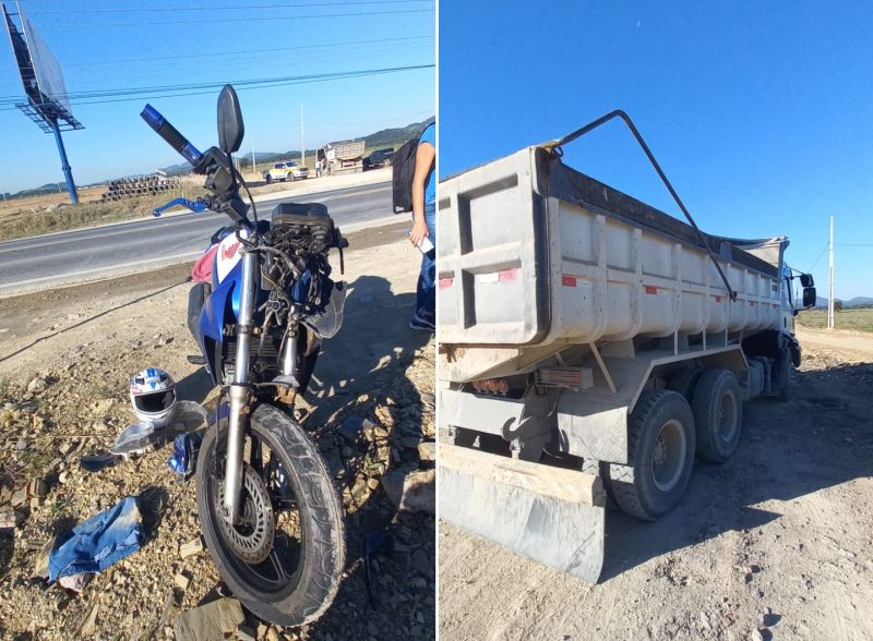 Segundo a PMRv, caminhoneiro foi autuado por irregularidades ap&oacute;s acidente nesta segunda-feira (26) – Foto: PMRv-SC/Divulga&ccedil;&atilde;o/ND