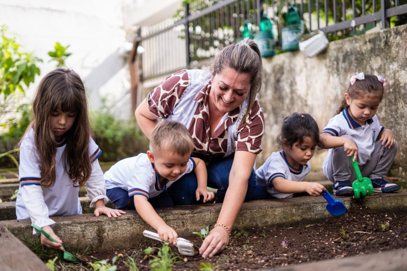 Pequenos aproveitam os momentos na horta escolar para aprender a plantar, regar e cuidar da natureza