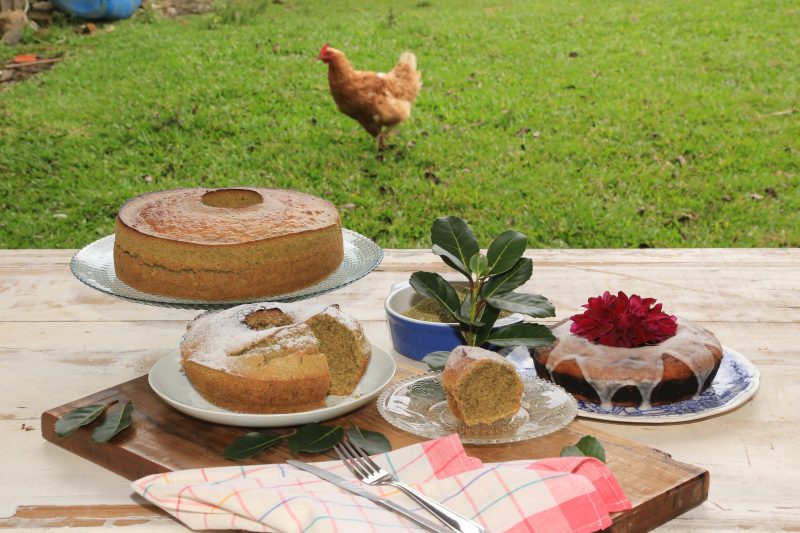 Foto de uma mesa com três bolos e talheres. Ao fundo, uma galinha no gramado. 