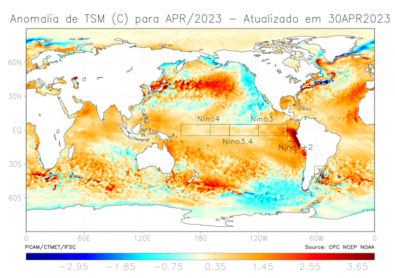 Na imagem aparece a atuação do El Niño com as regiões de atuação no Pacífico.