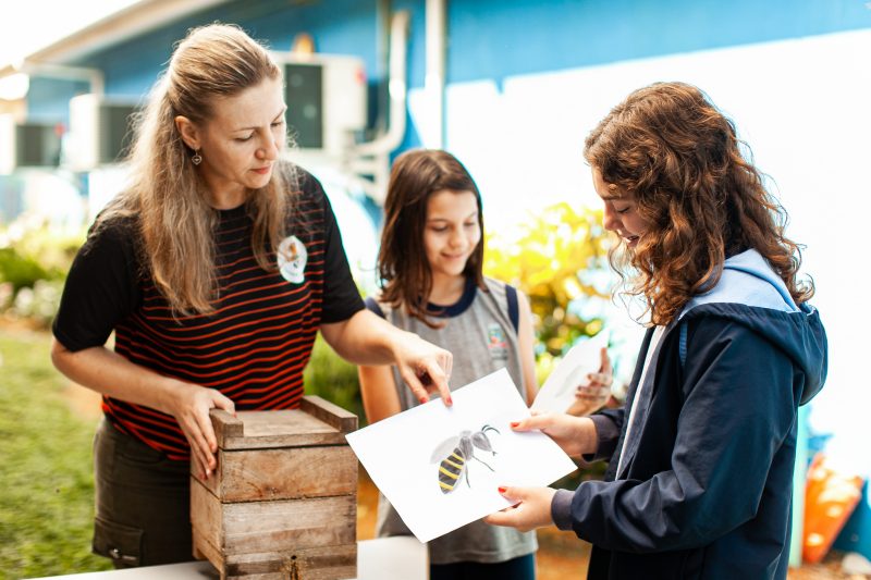 Alunos recriam desenho de uma das abelhas sem ferr&atilde;o que vive na unidade escolar – Foto: Leve Fotografia/Divulga&ccedil;&atilde;o/its Teens