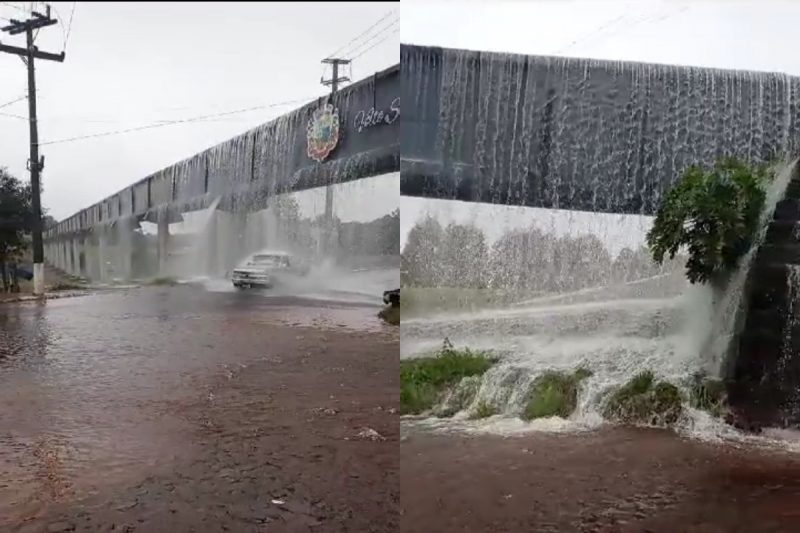 No vídeo é possível ver que o portal virou cachoeira.