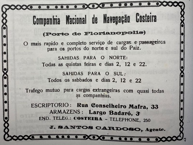 Anúncio da Companhia Nacional de Navegação Costeira na Florianópolis de antigamente
