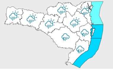 Sexta-feira com tempo nublado, variação de nuvens e chuvas em boa parte de Santa Catarina (Arte: Defesa Civil / Divulgação)