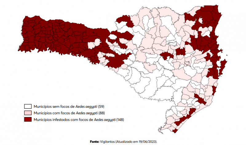 Mapa mostra munic&iacute;pios infestados em SC – Foto: Dive/Divulga&ccedil;&atilde;o/ND