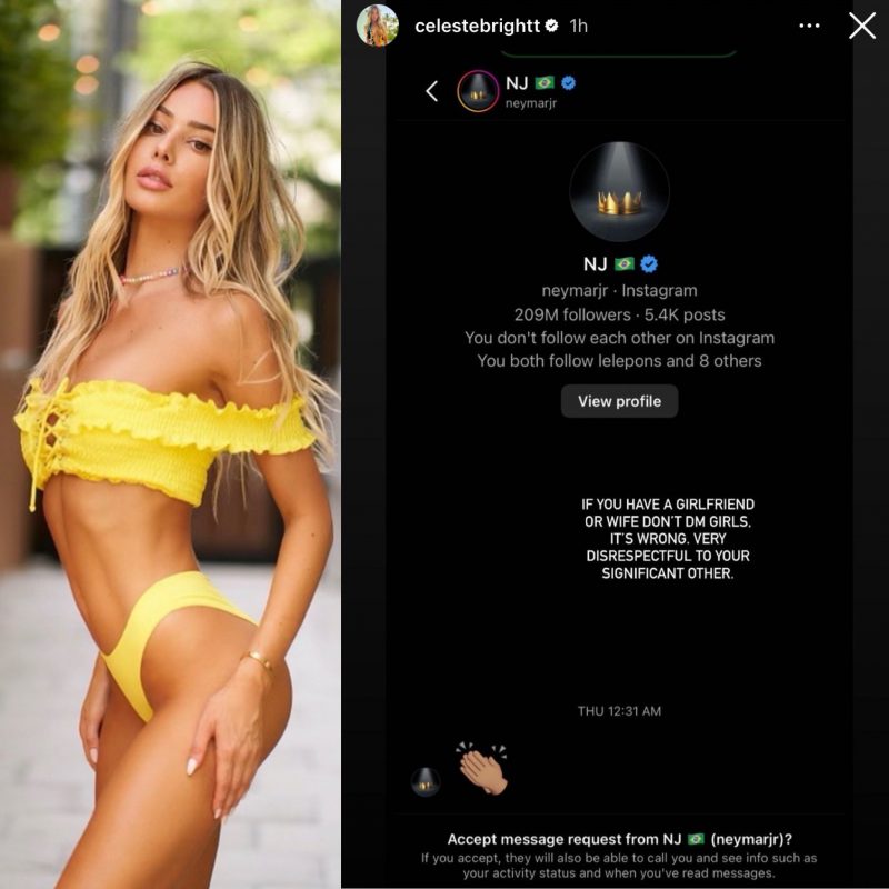 Modelo mostrou mensagem que Neymar enviou para ela no Instagram