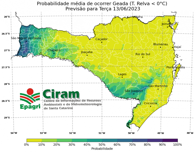 Site mostra probabilidade de geada. Quanto mais escuro o tom, maior a probabilidade – Foto: Epagri/Divulga&ccedil;&atilde;o/ND
