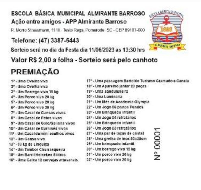 Tradicional rifa acontece em conjunto com a festa escolar da Escola Municipal Almirante Barroso no próximo domingo (11) - Escola Almirante Barroso/Arquivo Pessoal/Divulgação/ND